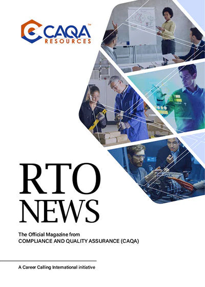 The cover of 'RTO News' magazine showcases vocational training and is a CAQA Consulting resource for RTO compliance.