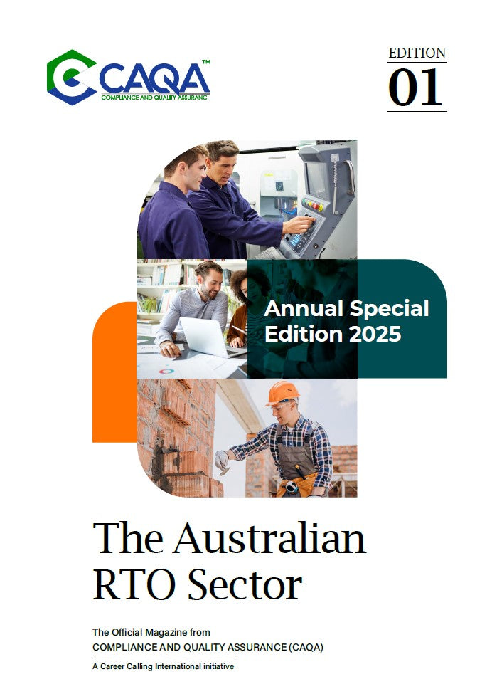 Magazine cover showcasing tradespeople and CAQA compliance assurance for the RTO sector.